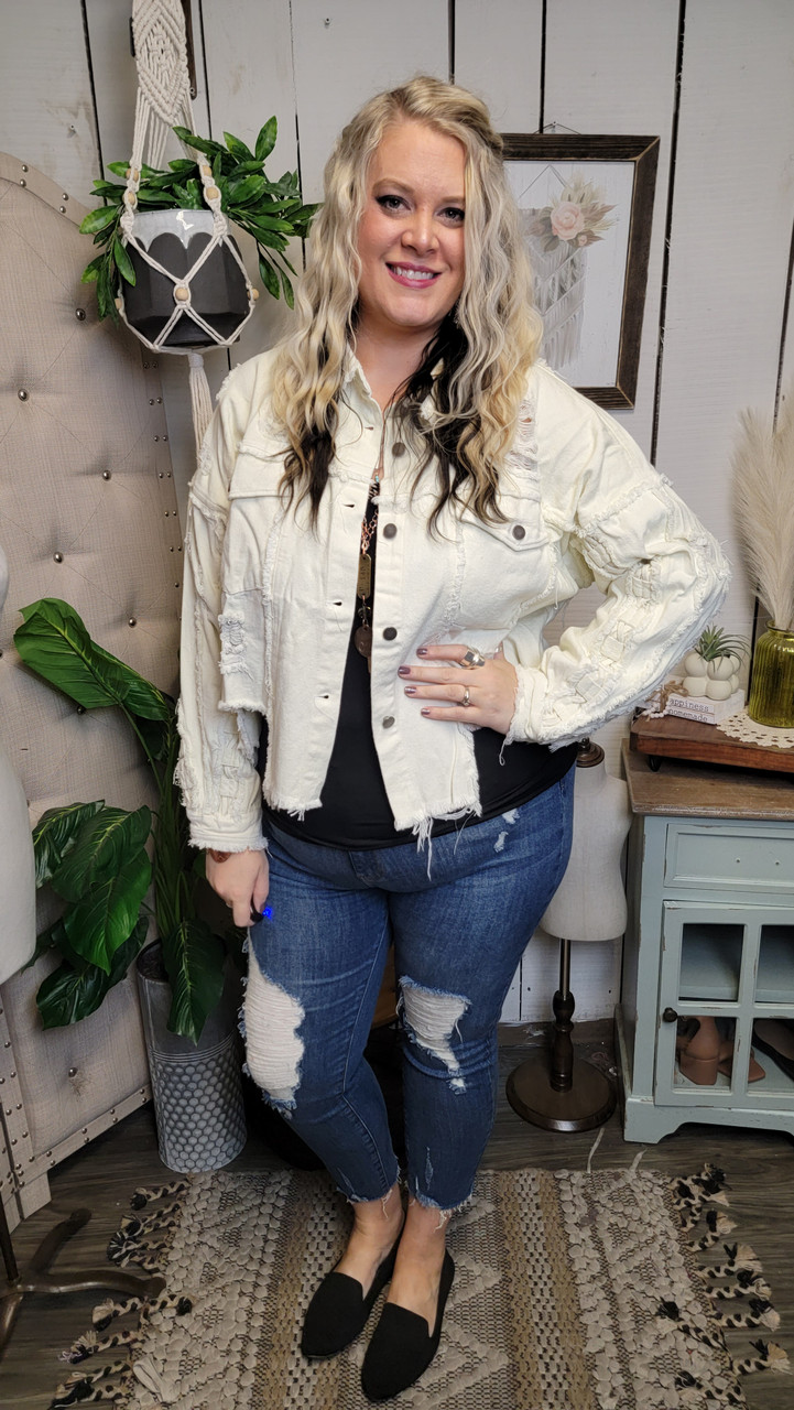 Distressed jean jacket plus clearance size