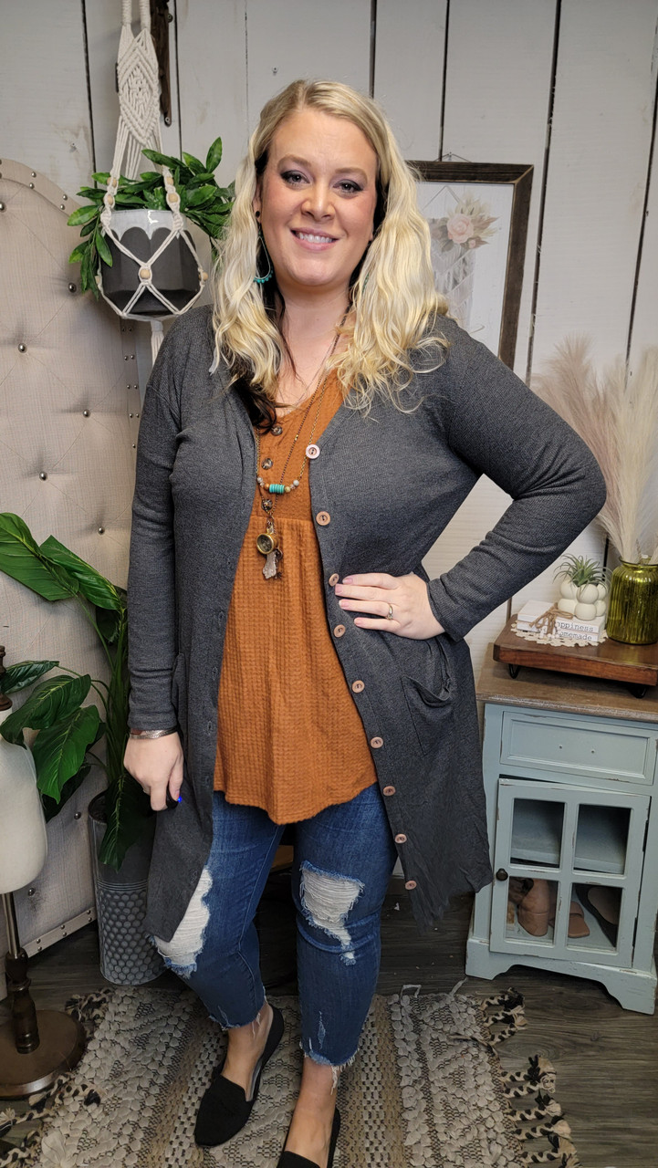 Long Line Thermal Cardi-Charcoal - mulberrycottage