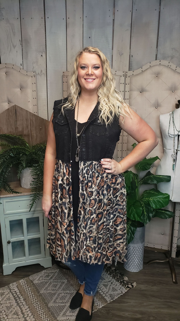 Curvy Black Denim and Leopard Lace Vest - mulberrycottage