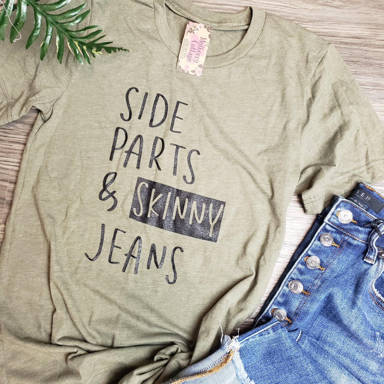 Side Part & Skinny Jeans Tee-H. Olive