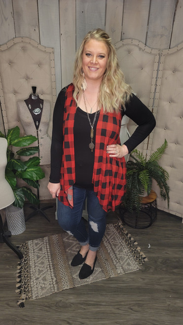 Curvy Basic Buffalo Check Vest-Red