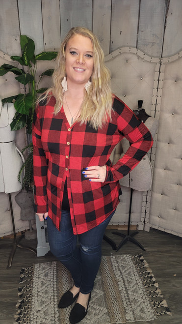 Curvy Button Front Buffalo Top-Red