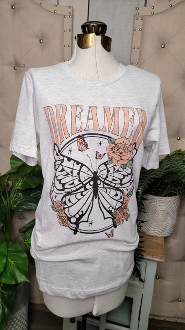 Dreamer Butterfly Tee-Ash Gray