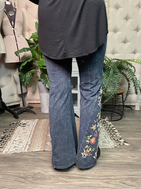 Embroidered Flare Pants-Charcoal