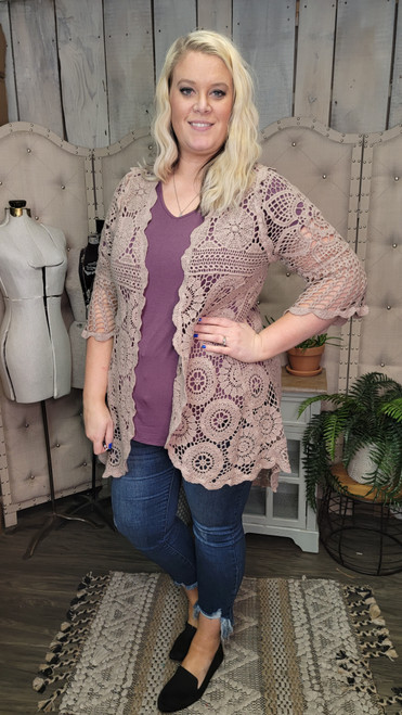 Crochet High Low Cardigan-Taupe