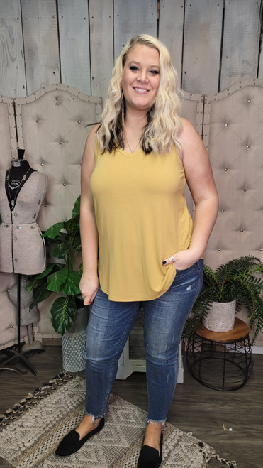 Curvy Basic V-Neck Tank-LT.Mustard