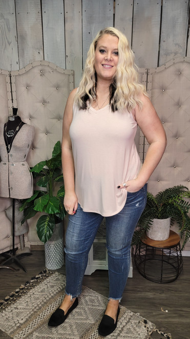 Curvy Basic V-Neck Tank-Dusty Blush