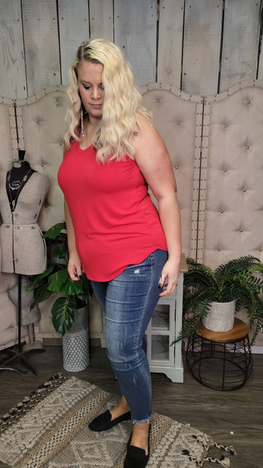 Curvy Basic V-Neck Tank-Ruby