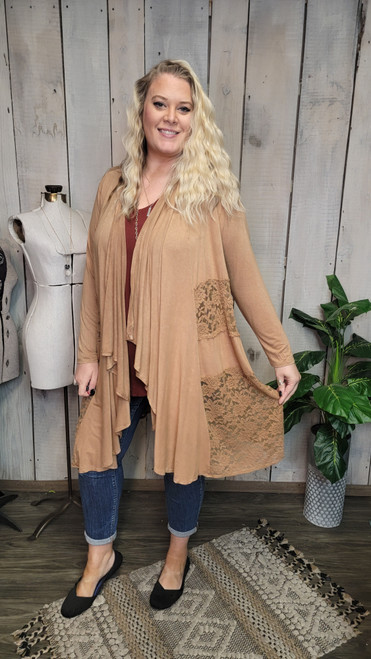 Curvy Mineral Wash Cardigan w/Lace