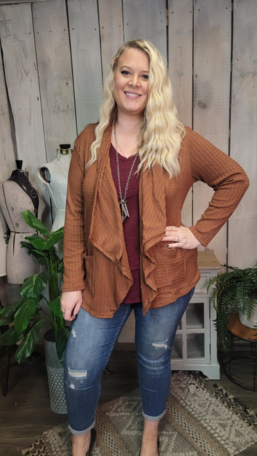 Curvy Cable Knit Waterfall Cardi-Camel