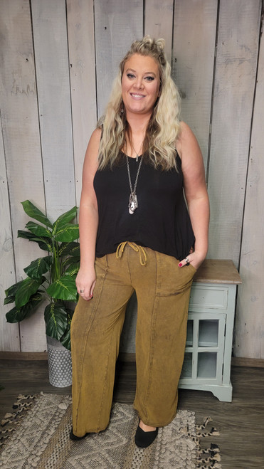 Curvy Willa Wide Leg Pants-Washed Olive