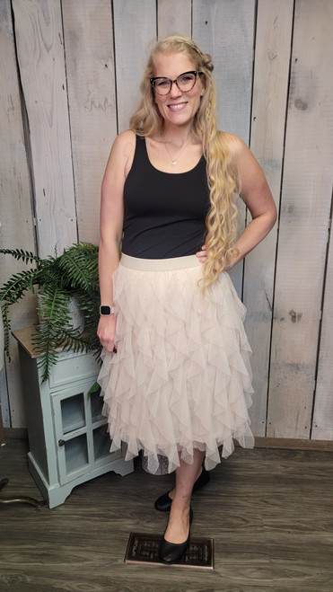 Ruffled Tulle Midi Skirt-Champagne