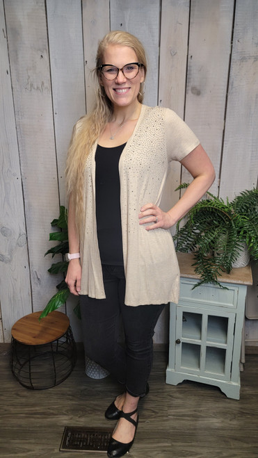 Short Sleeve Glizty Cardi-Oatmeal