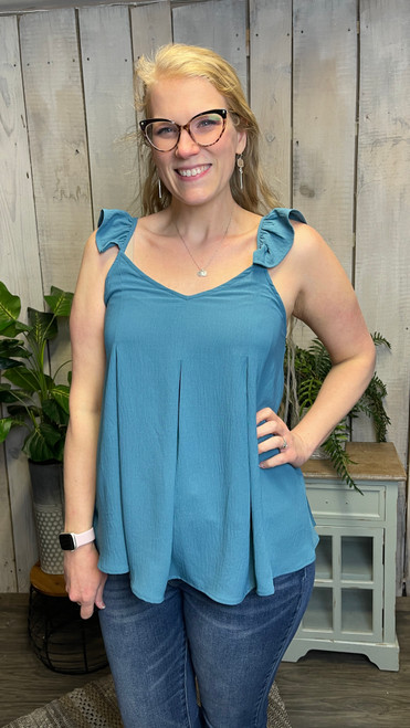 Ruffled Cap Sleeve Tank-Teal