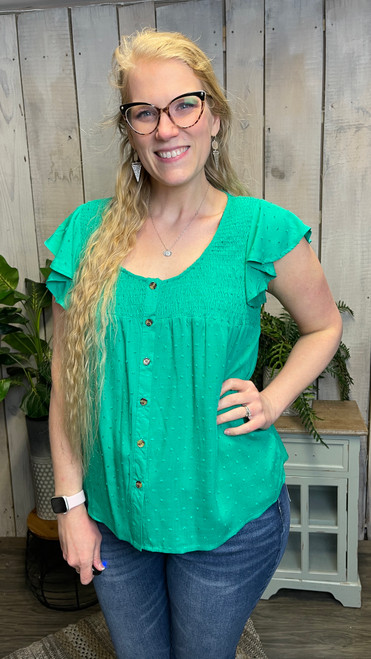 Smocked Swiss Dot Top-Kelly Green