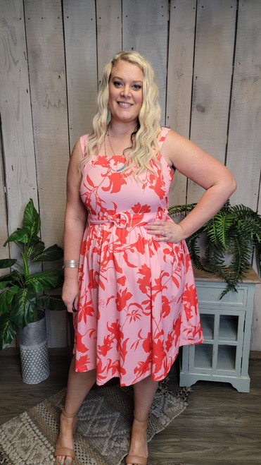 Curvy Pink Red Belted Sun Dress