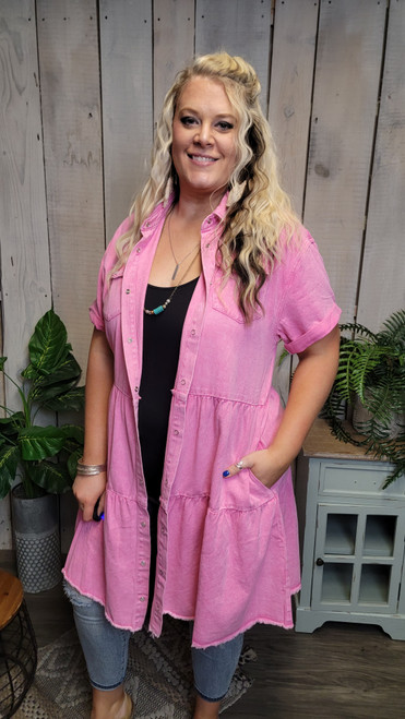 Curvy Stone Wash Denim Button Up Dress-Pink