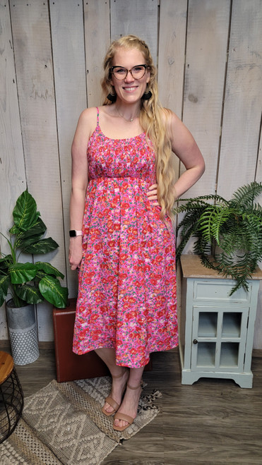 Painted Floral Smocked Maxi-Fuchsia