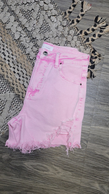 Stretch Distressed Shorts-Acid Pink