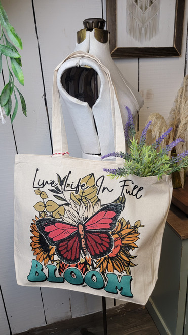 Butterfly and Flowers Large Canvas Tote Bag