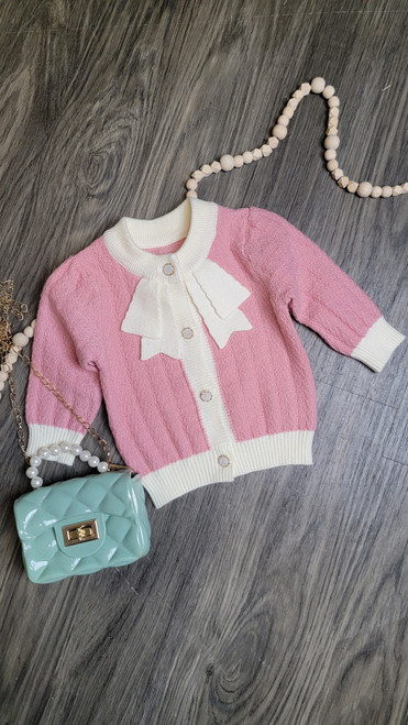Baby Pearl Button Bow Sweater-Pink