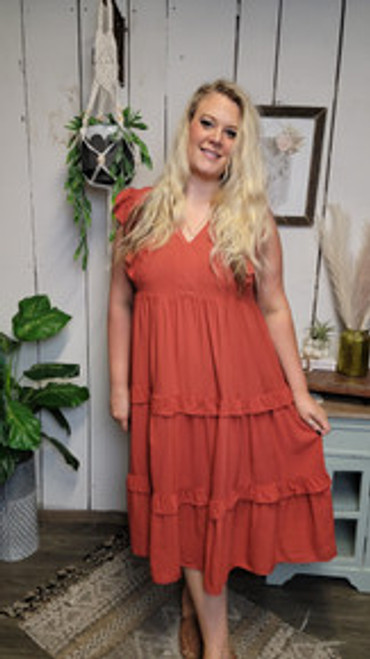 Curvy Rust Ruffled Midi Dress