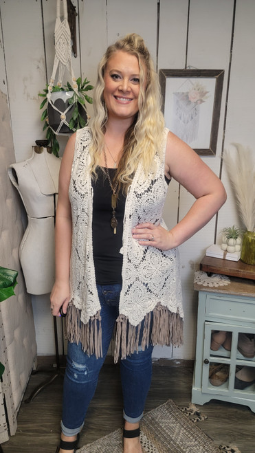 Crochet Vest With Fringe-Natural