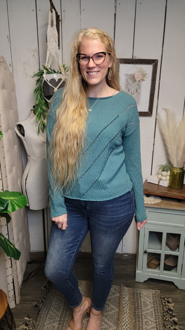 Boat Neck Popcorn Sweater-Teal Blue