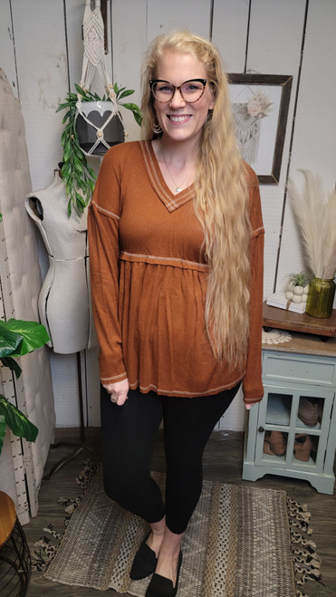 Babydoll Vneck Waffle Top-Rust