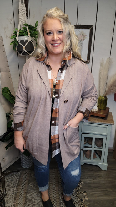 Curvy Heather Taupe Button Knit Jacket