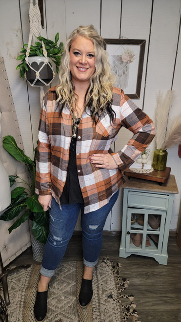  Curvy Checked Flannel Shirt-Brown