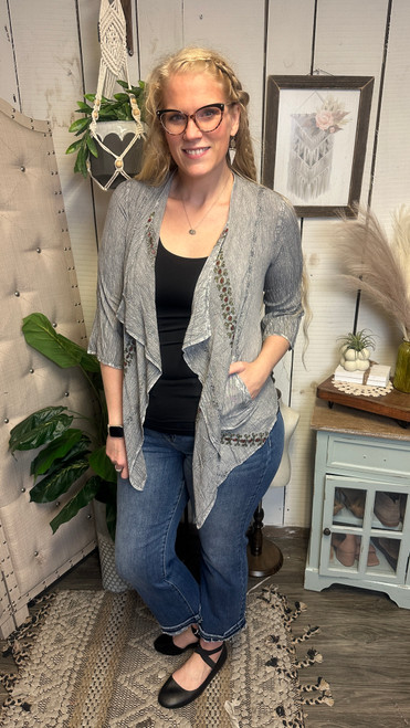 Grey Embroidered 3/4 Cardi