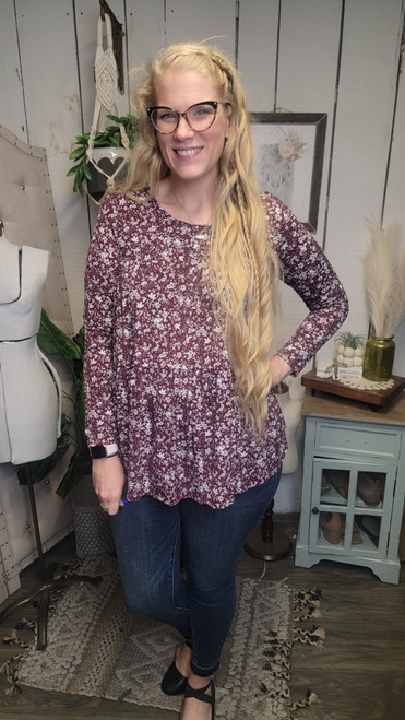 Calico Tiered Top-Burgundy