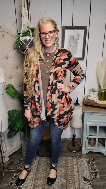 Geometric Draped Cardi-Rust