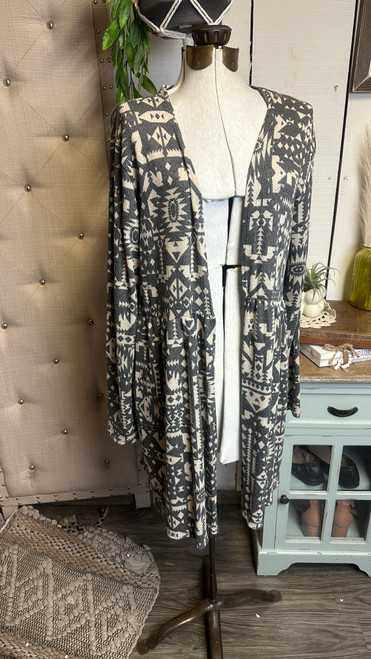 Aztec Long Open Cardi-Charcoal