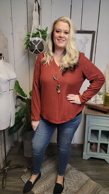 Curvy Brushed Knit & Rhinestone Top-Rust