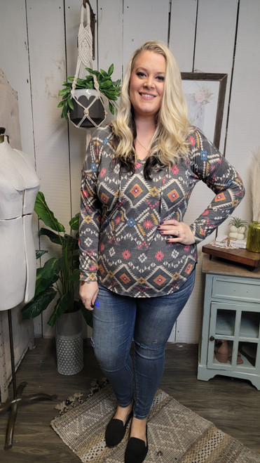 Curvy French Terry Long Sleeve-Charcoal Tribal