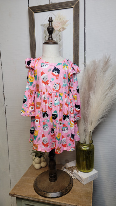 Girls Pink Winter Kitties Dress