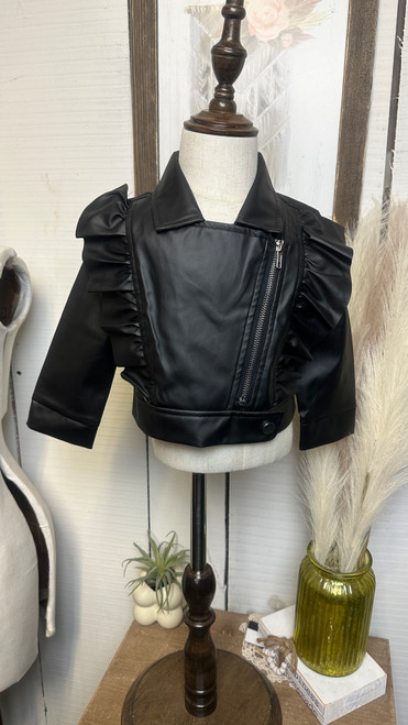 Girls Ruffle Pleather Jacket-Black