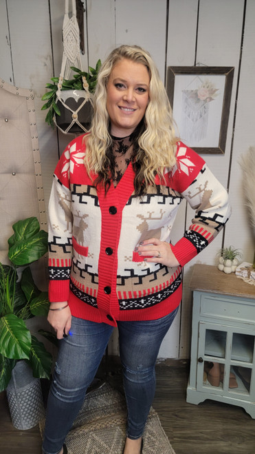 Curvy Chunky Aztec Cardigan-Red