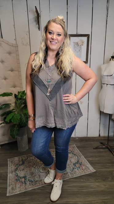 V-Neck Lace Trim Tank-Charcoal