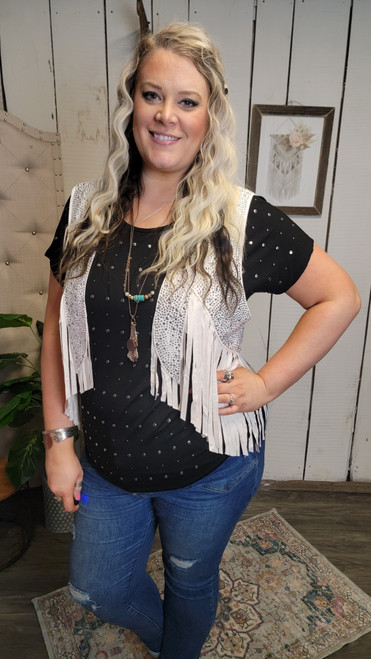 Curvy Suede Fringe Rhinestone Vest-Ivory