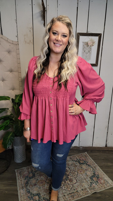 Curvy Indie Pink Smocked Top