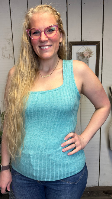 Square Kneck Ribbed Tank-Turquoise