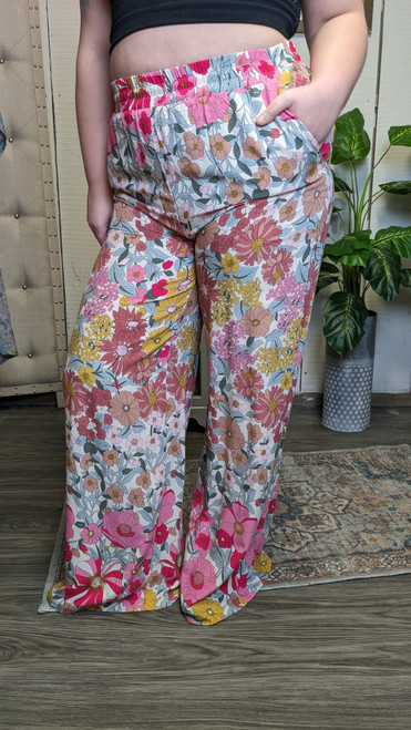 Floral Print Wide Leg Pants-Rose Mix