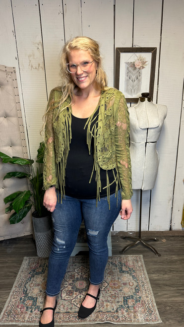 Fringe Eyelet  Lace Crop Jacket-Olive