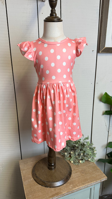 Girls Ruffle Sleeve Dress-Peach Dots