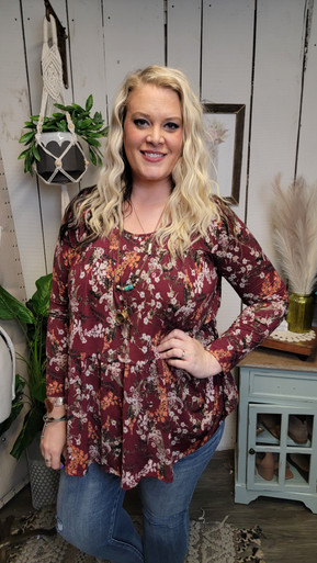 Curvy Benny Tiered Floral Top-Burgundy - mulberrycottage