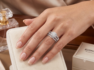 How does a contoured wedding band work with a halo engagement ring?