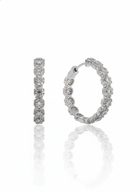 Rhodium finished sterling silver flower hoop earrings